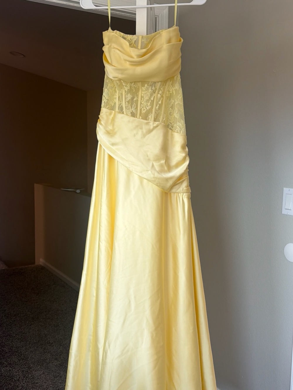 Soft Yellow Lace Maxi Dress with Draped Bodice